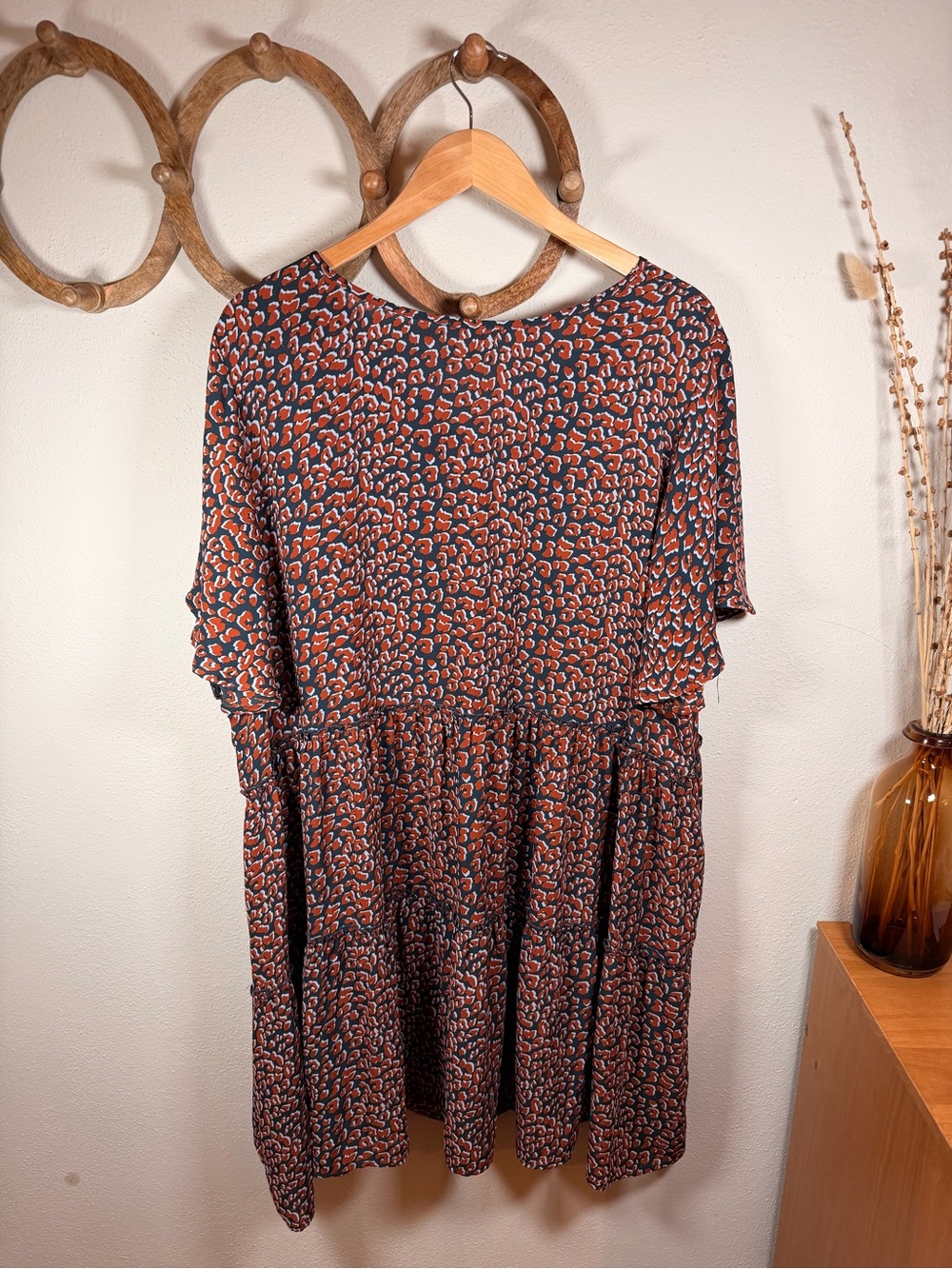 Oddy 3XL Leopard Print Tiered Babydoll Dress Rust Black Plus Size - Picture 3 of 5